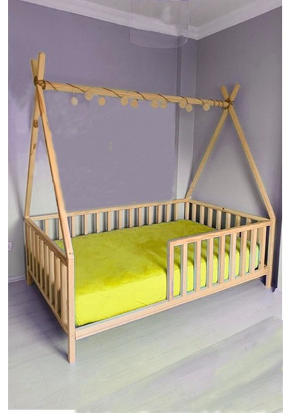 Çatılı Unisex Montessori Bebek ve Çocuk Karyolası Doğal Ahşap Yatak