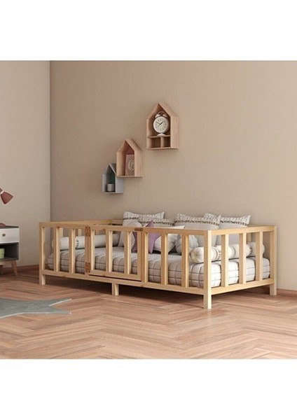 Kapılı Unisex Montessori Bebek ve Çocuk Karyolası Doğal Ahşap Yatak