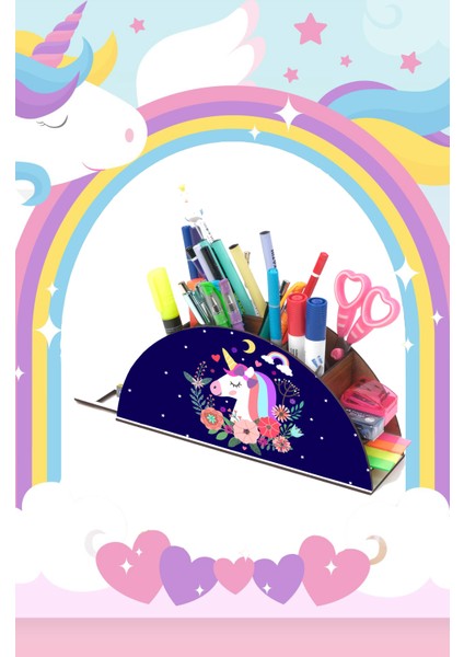 Ahşap Gece Unicorn Gökkuşağı Cetvelli Masaüstü Kalemlik Kutu Çocuklar Için Organizer NOTPAGK93
