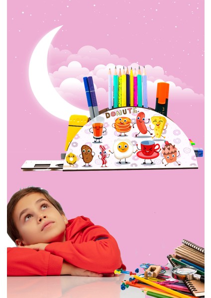 Ahşap Donutlar Gökkuşağı Cetvelli Masaüstü Kalemlik Kutu Çocuklar Için Organizer NOTPAGK67