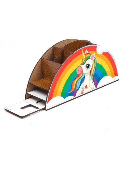 Ahşap Düşünen Unicorn Gökkuşağı Cetvelli Masaüstü Kalemlik Kutu Çocuklar Için Organizer GK105
