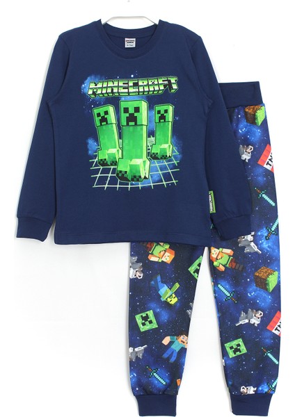 3D Minecraft Baskılı Erkek Çocuk Pijama Takımı Lacivert