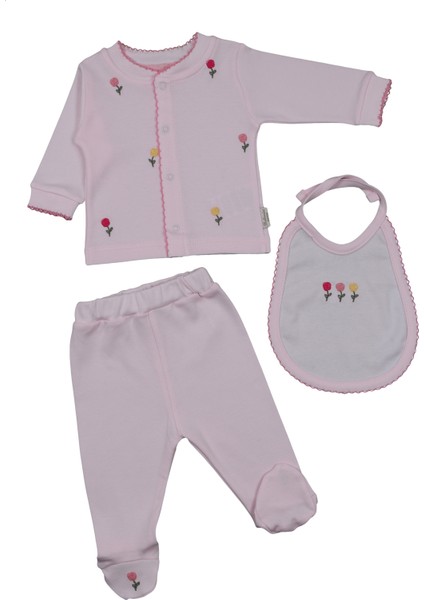 Kız Bebek Hastane Çıkışı Sade Lüks %100 Naturel Pamuk Yenidoğan Gül Nakışlı Tulumlu Zıbın Set 50 cm