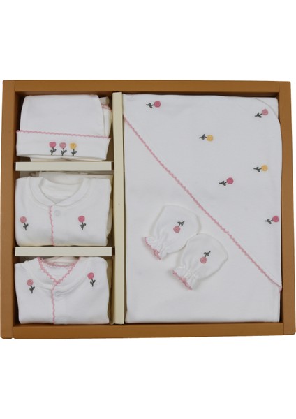 Kız Bebek Hastane Çıkışı Sade Lüks %100 Naturel Pamuk Yenidoğan Gül Nakışlı Tulumlu Zıbın Set 50 cm