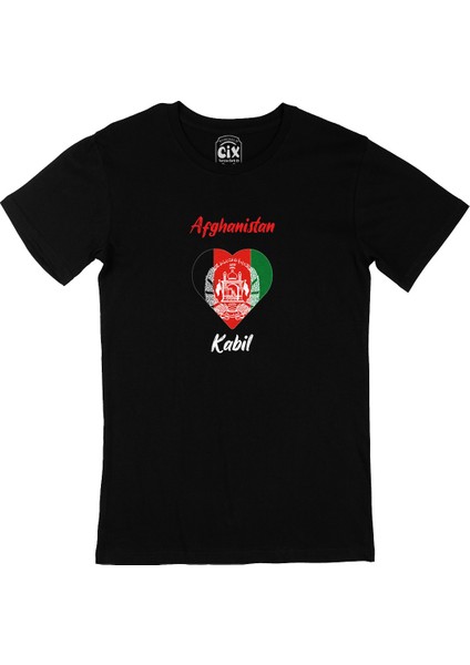 Kabil Afganistan Bayraklı Kalpli Siyah Tişört