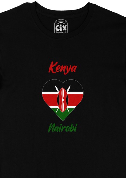 Nairobi Kenya Bayraklı Kalpli Siyah Tişört fiyatları