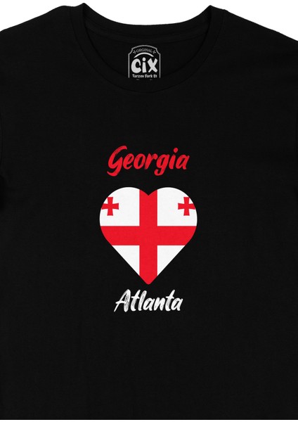 Atlanta Gürcistan Bayraklı Kalpli Siyah Tişört
