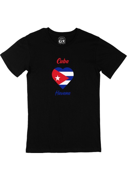 Havana Küba Bayraklı Kalpli Siyah Tişört