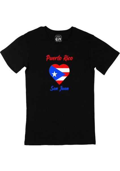 San Juan Porta Riko Bayraklı Kalpli Siyah Tişört