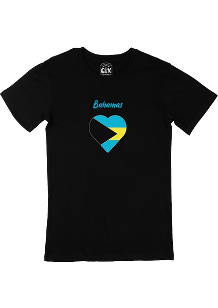 Bahamalar Bayraklı Kalpli Siyah Tişört
