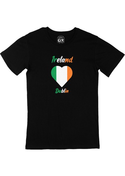 Dublin Irlanda Bayraklı Kalpli Siyah Tişört