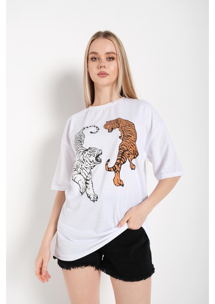 Kadın Kaplan Baskı Oversize T-Shirt