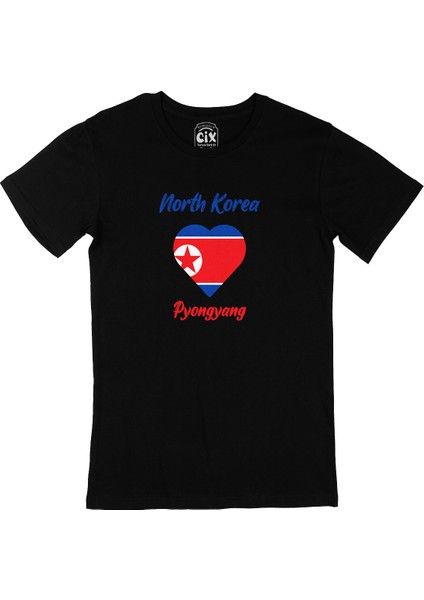 Pyongyang Kuzey Kore Bayraklı Kalpli Siyah Tişört