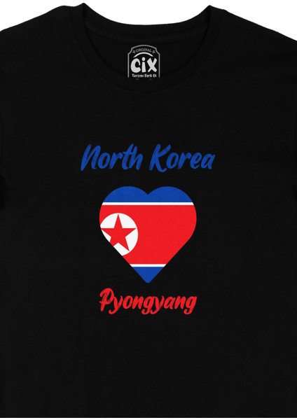 Pyongyang Kuzey Kore Bayraklı Kalpli Siyah Tişört fiyatları