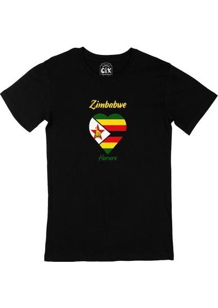 Harare Zimbabwe Bayraklı Kalpli Siyah Tişört
