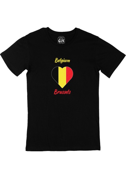 Brüksel Belçika Bayraklı Kalpli Siyah Tişört