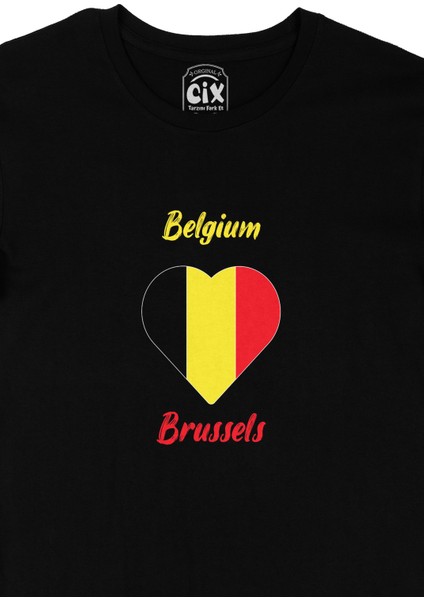 Brüksel Belçika Bayraklı Kalpli Siyah Tişört fiyatları