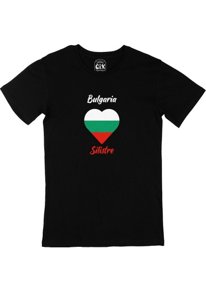 Silistre Bulgaristan Bayraklı Kalpli Siyah Tişört