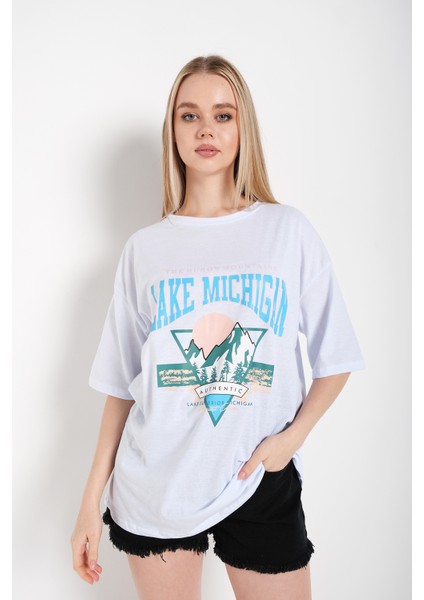 Kadın Lake Mıchıgan Baskılı Oversize Tişört