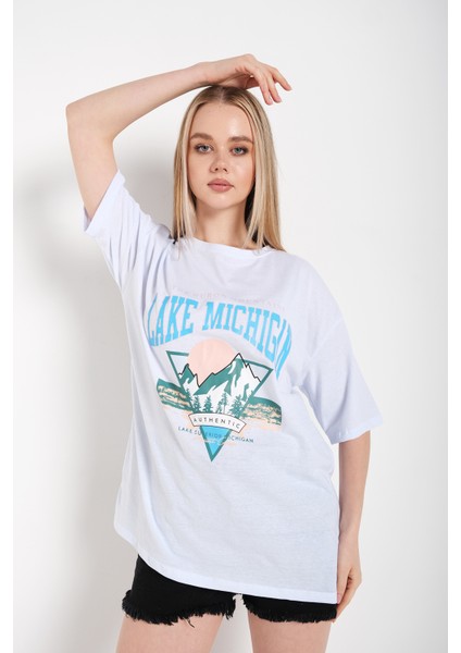 Kadın Lake Mıchıgan Baskılı Oversize Tişört modelleri