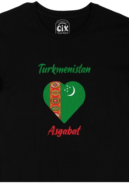 Aşkabat Türkmenistan Bayraklı Kalpli Siyah Tişört fiyatları