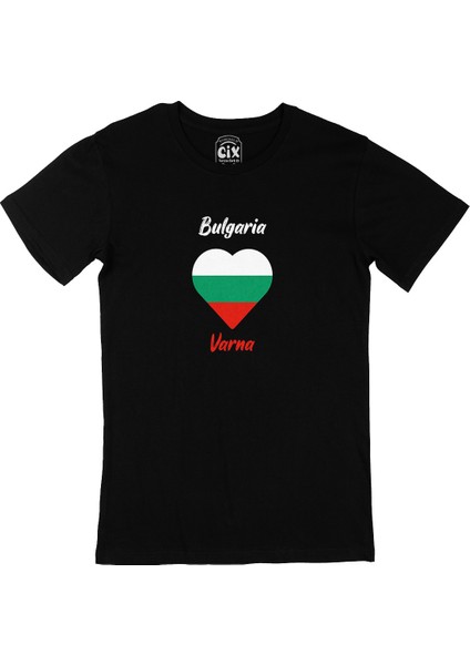 Varna Bulgaristan Bayraklı Kalpli Siyah Tişört