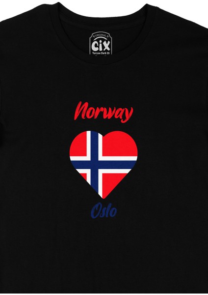 Oslo Norveç Bayraklı Kalpli Siyah Tişört