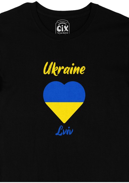 Lviv Ukrayna Bayraklı Kalpli Siyah Tişört fiyatları