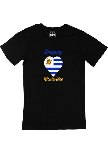 Montevideo Uruguay Bayraklı Kalpli Siyah Tişört