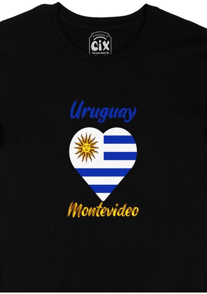 Montevideo Uruguay Bayraklı Kalpli Siyah Tişört fiyatları