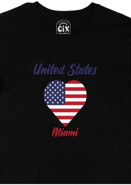 Miami Amerika Bayraklı Kalpli Siyah Tişört fiyatları