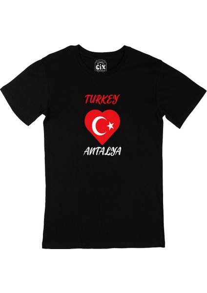 Antalya Türkiye Bayraklı Kalpli Siyah Tişört
