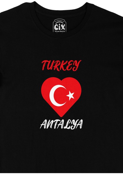 Antalya Türkiye Bayraklı Kalpli Siyah Tişört fiyatları