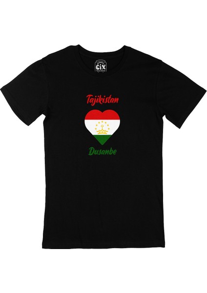Duşanbe Tacikistan Bayraklı Kalpli Siyah Tişört