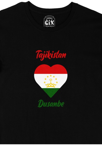 Duşanbe Tacikistan Bayraklı Kalpli Siyah Tişört