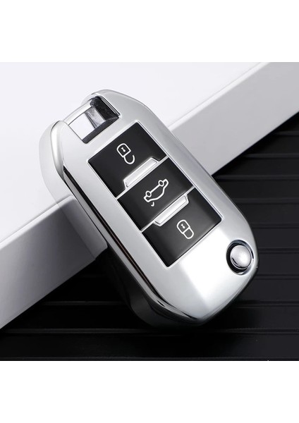 Peugeot 508 Sustalı Parlak Anahtar Kılıfı Gümüş Renk