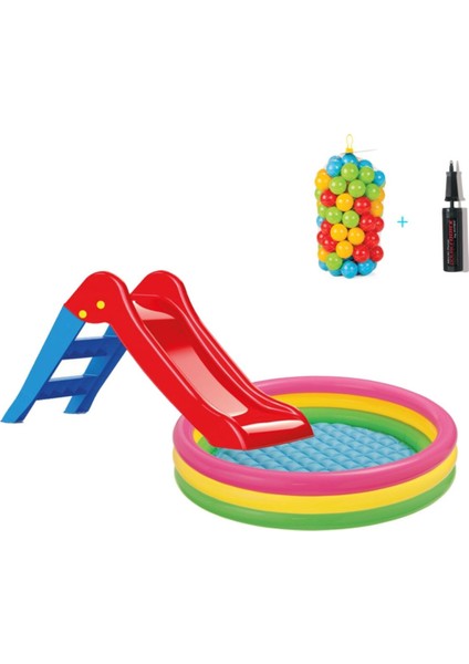 Kaydıraklı Oyun Seti 147 cm Tabanı Boğumlu Havuz + 6 cm 100'LÜ Oyun Havuz Topu + Pompa