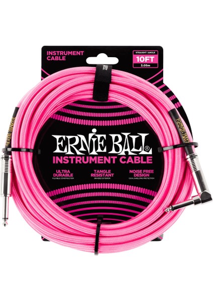 Ernie Ball Neon Pink Braided Straight / Angle Instrument Cable P06078 - (3 Metre) Enstrüman Kablosu