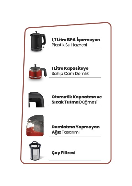 Trendcamelia 2200 Watt Cam Demlikli Bpa Içermeyen Çay Makinesi ve Su Isıtıcısı