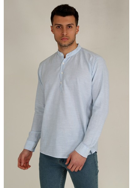 Erkek Hakim Yaka Uzun Kollu Yarım Patlı Keten Gömlek Sg-U 21K-4300575-01