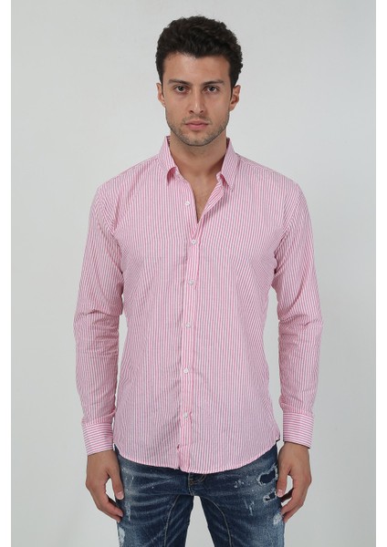 Erkek Kalın Dik Çizgili Uzun Kollu Slim Fit Gömlek Sg-U 21Y-4300599