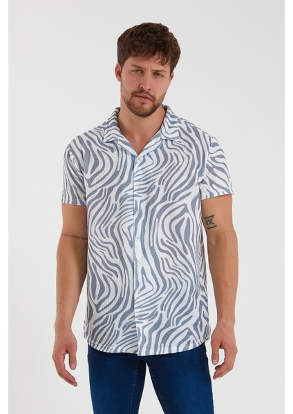 Erkek Kısa Kollu Pamuklu Desenli Slim Fit Apaş Yaka Gömlek 21Y-4300594-09