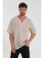 Erkek Bej Açık V Yaka Oversize Kısa Kollu Çizgili Gömlek 22Y-4300634-1 1