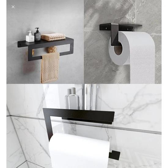 Rimed technology Modern Metal 3'lü Set Raflı Banyo Havlu Askılığı-Rolu Havlu Askılığı -Tuvalet Kağıtlığı