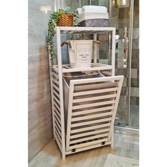 Digithome Boyalı Vintage Beyaz Ahşap Kirli Sepetli Banyo Düzenleyici Raf – BYZ01