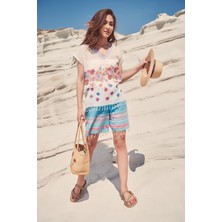 Dosimira Çiçekli Plaj Bluzü - Eflatun Bantlı