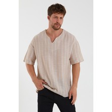 Terapi Men Erkek Bej Açık V Yaka Oversize Kısa Kollu Çizgili Gömlek 22Y-4300634-1