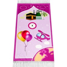 İhvan Online Dijital Baskılı Çocuk Seccadesi - Balonlu  Kabeli Pembe Renk - 44 x 78 cm