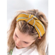 Queen Aksesuar Kristal Şeritli Taşlı Geniş Düğümlü Lüks Kadın Çocuk Tacı Hardal Sarısı Taç