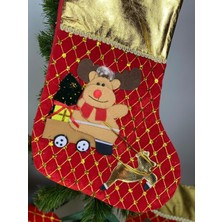 Queen Aksesuar Yeni Yıl Yılbaşı Özel Lüks 3 Boyutlu Kadife Simli Geyikli Hediye Çorap Çam Ağacı Süsü Altın Varak